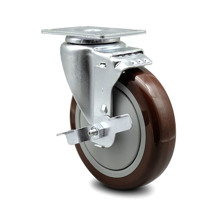 Service Caster 5 Inch Maroon Polyurethane Wheel Swivel Top Plate Caster with Brake SCC SCC-20S514-PPUB-MRN-TLB-TP2
